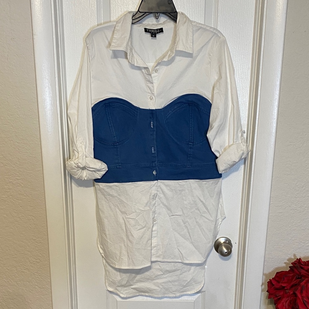 Stylish White and Blue Button Down Shirt